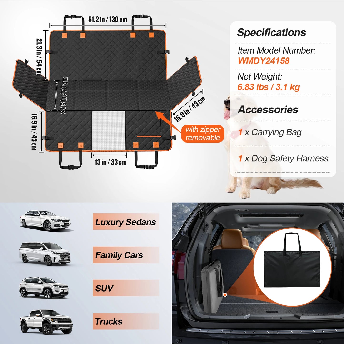 SucceBuy Back Seat Car Dog Hammock with Mesh Window and Storage Pocket, Supports 350lbs