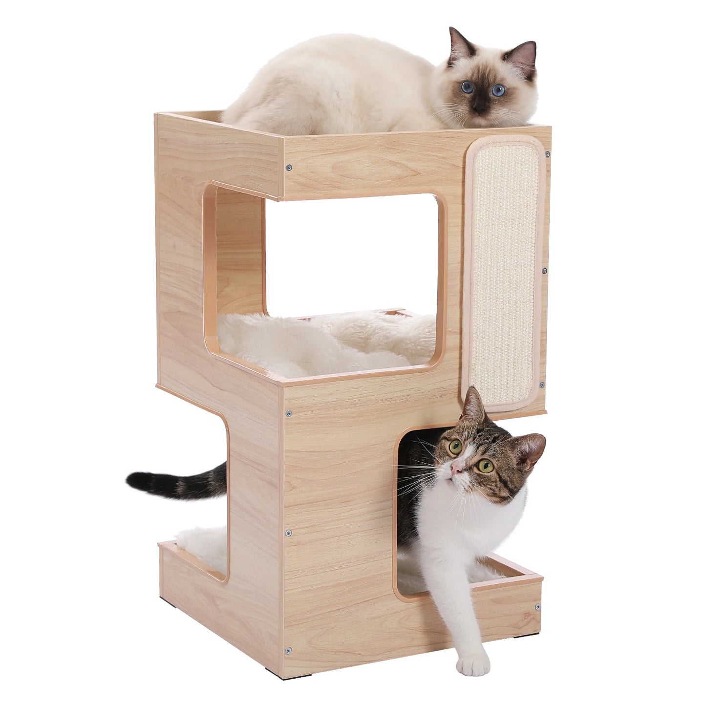 Wood Cat Condo House Bed with Removable Soft Mats & Scratching