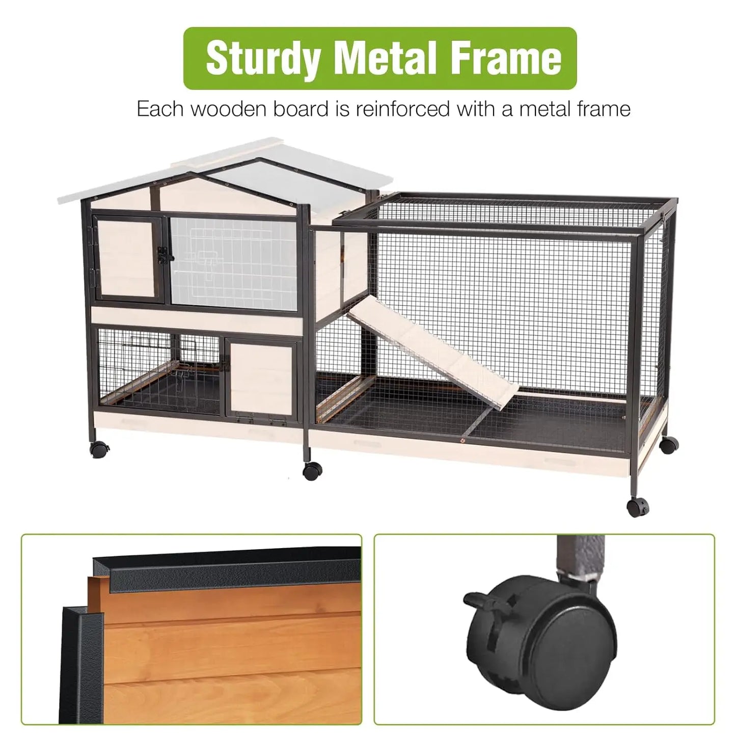 2-Story Rabbit Hutch with Chew-Proof Full Metal Frame for Indoor/Outdoor - 62" Bunny Cage with 6 Locking Casters