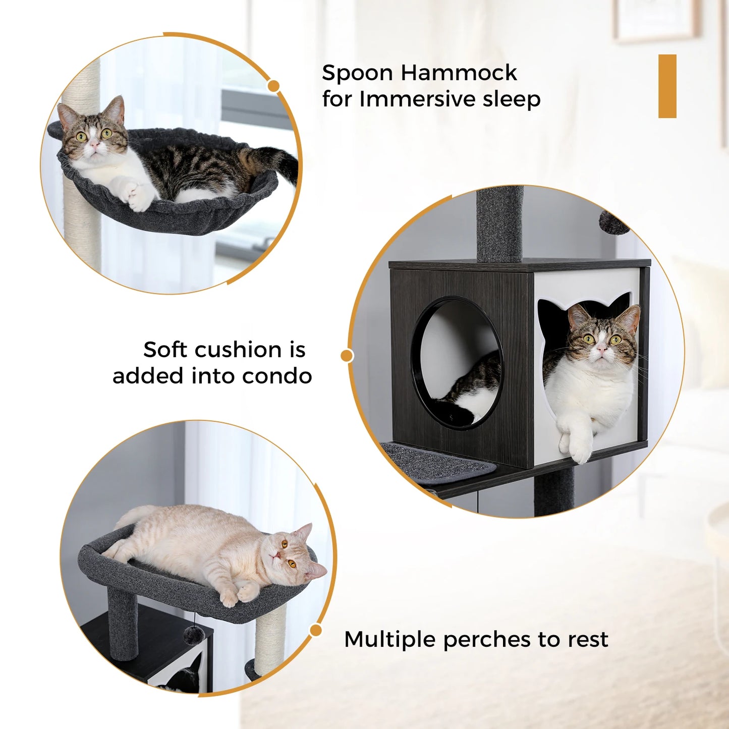 Multi-Level Wood Cat Tree with Scratching Posts, Spacious Condo, Hammock, Top Perch, Cat Scratcher