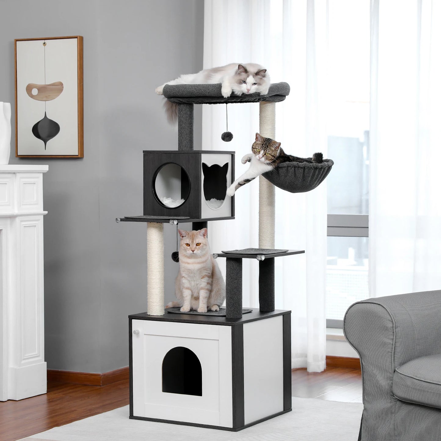 Multi-Level Wood Cat Tree with Scratching Posts, Spacious Condo, Hammock, Top Perch, Cat Scratcher