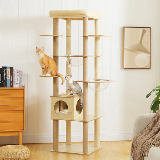 Multi-Level Wood Cat Tree with Scratching Posts, Spacious Condo, Hammock, Top Perch, Cat Scratcher