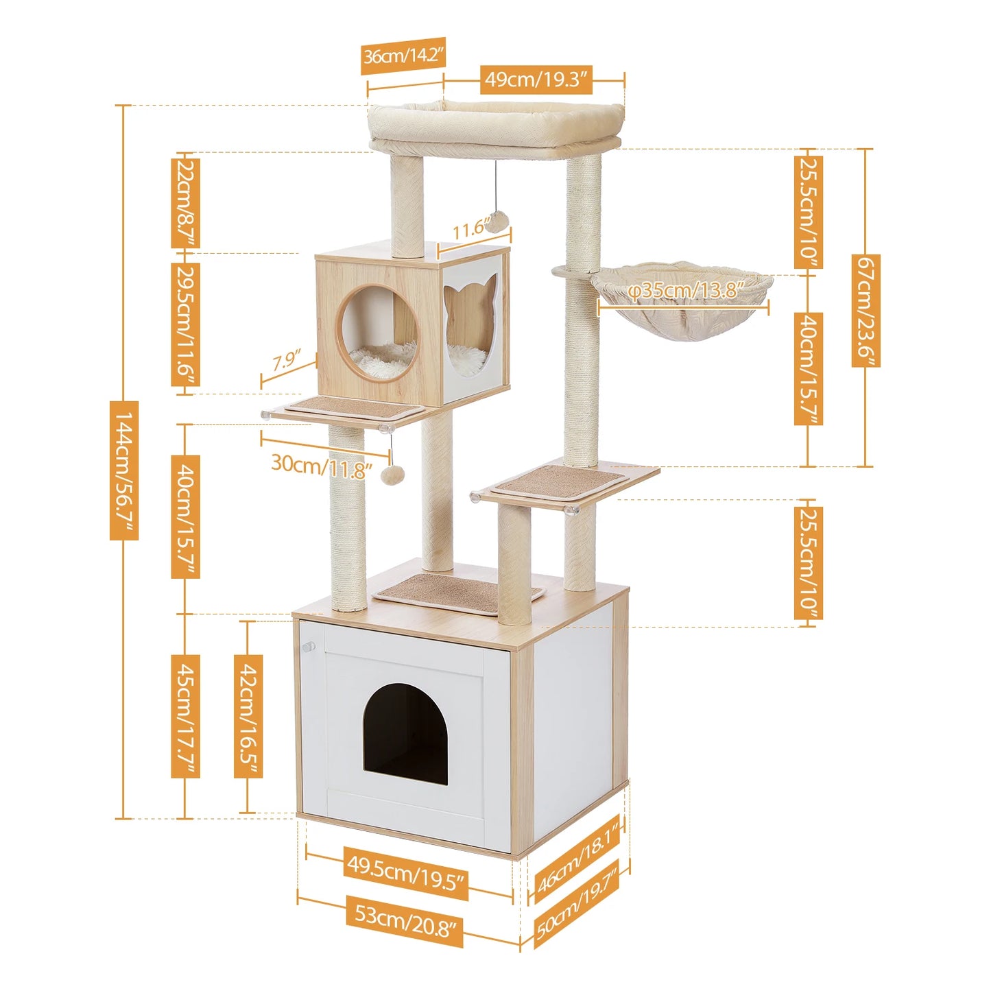 Multi-Level Wood Cat Tree with Scratching Posts, Spacious Condo, Hammock, Top Perch, Cat Scratcher