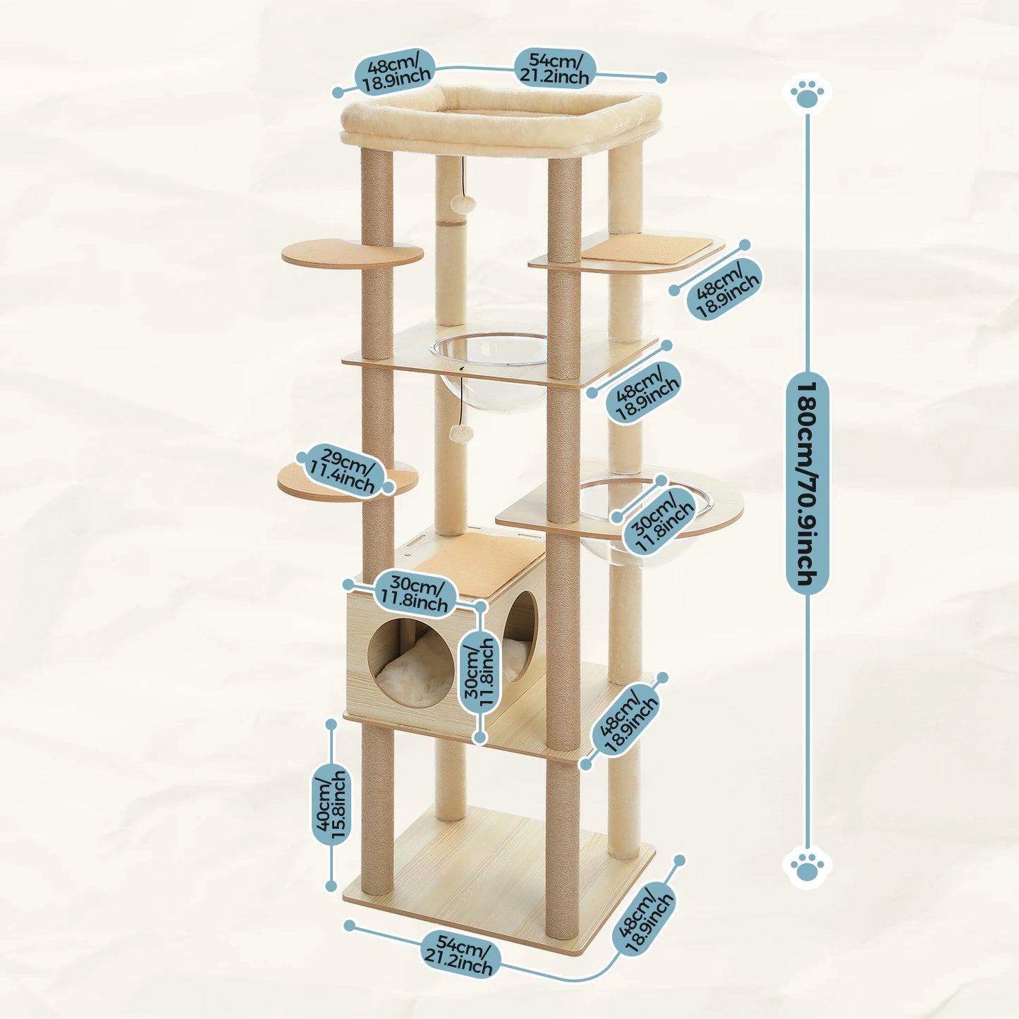 Multi-Level Wood Cat Tree with Scratching Posts, Spacious Condo, Hammock, Top Perch, Cat Scratcher