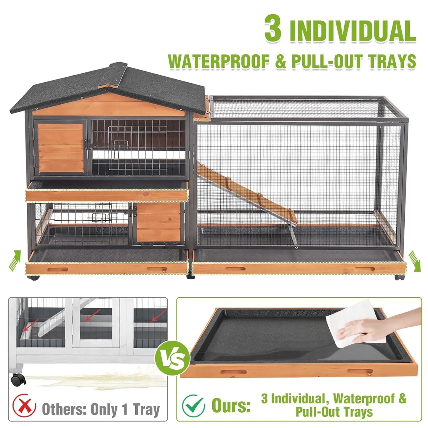 2-Story Rabbit Hutch with Chew-Proof Full Metal Frame for Indoor/Outdoor - 62" Bunny Cage with 6 Locking Casters