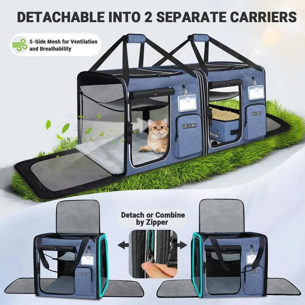 2 in 1 Double Cat Travel Carrier with Litter Box, 38"x17"x18"