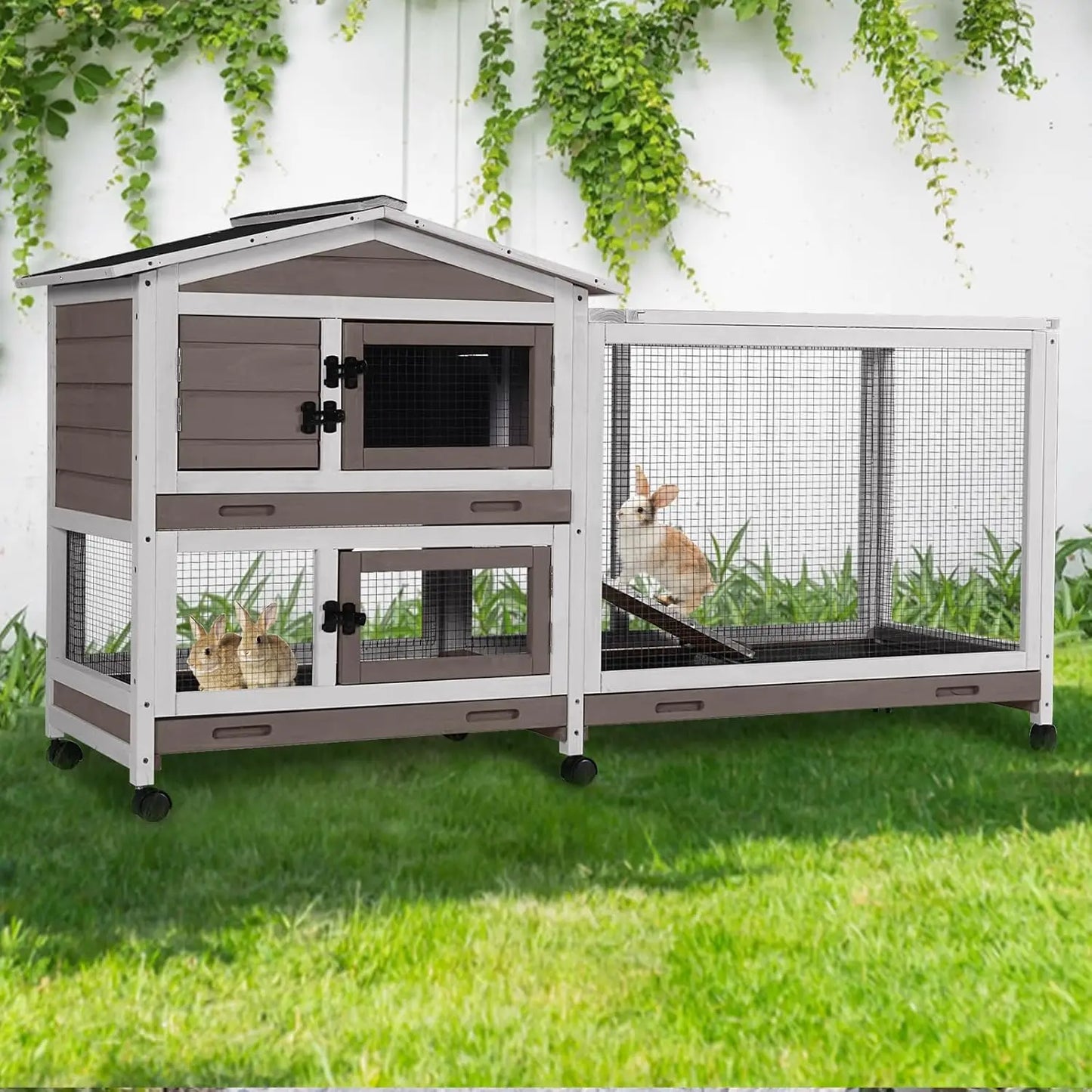 2-Story Rabbit Hutch with Chew-Proof Full Metal Frame for Indoor/Outdoor - 62" Bunny Cage with 6 Locking Casters