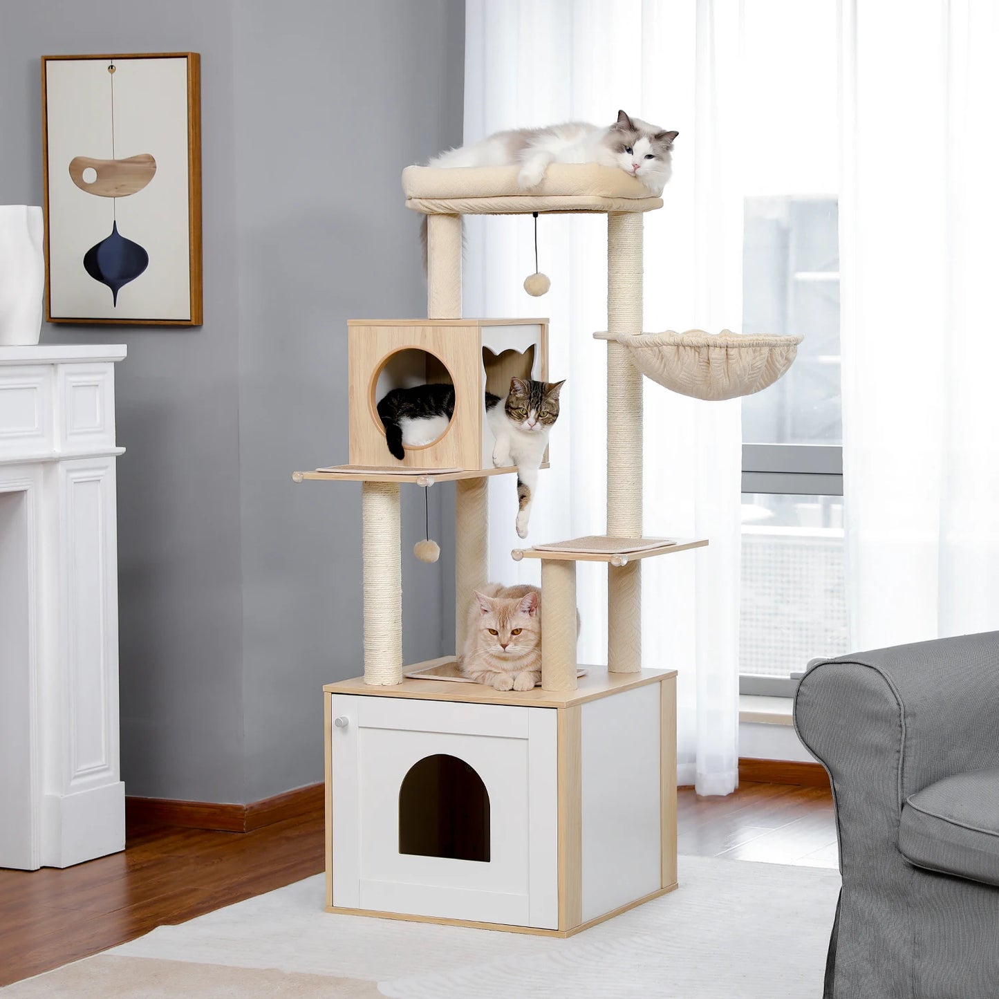 Multi-Level Wood Cat Tree with Scratching Posts, Spacious Condo, Hammock, Top Perch, Cat Scratcher
