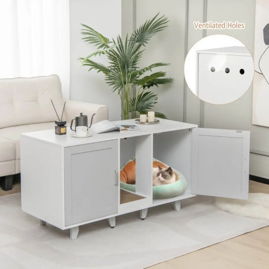 2 Door Modern Cat Litter Box Cabinet w/Winding Entry & Scratching Board