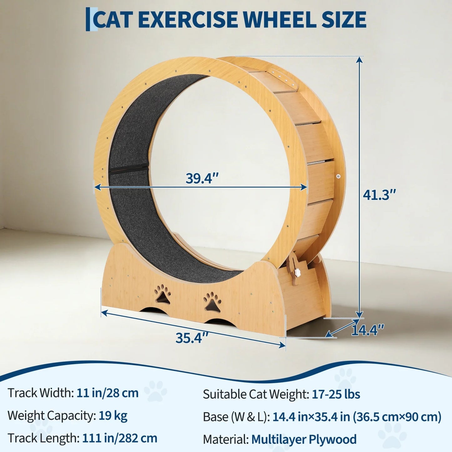 Large Wooden Cat Running Treadmill with Low Noise Carpeted Runway, Removable Carpet
