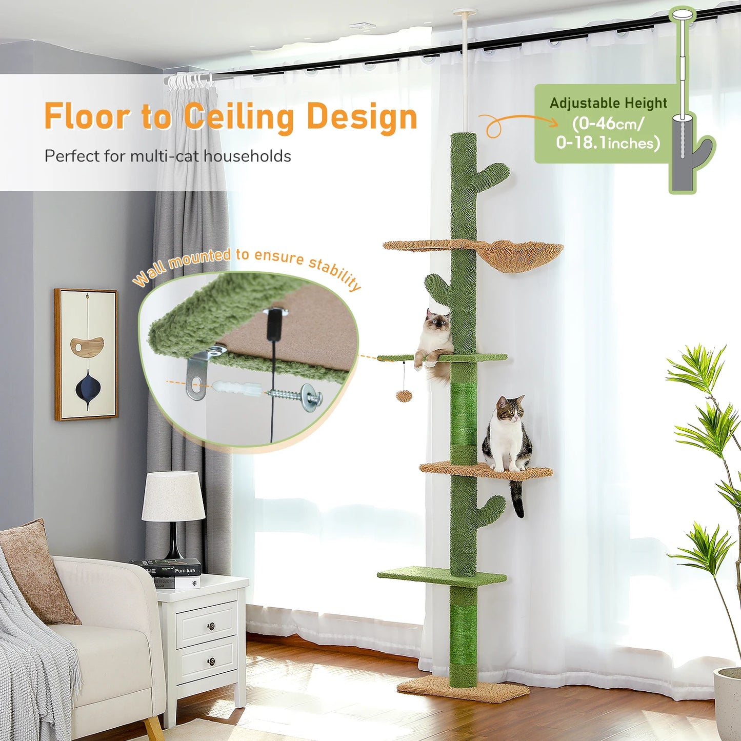 Cactus 5-Tier Floor to Ceiling Cat Tower with Scratching Post, Hammock, Dangling Ball for Indoor Cats