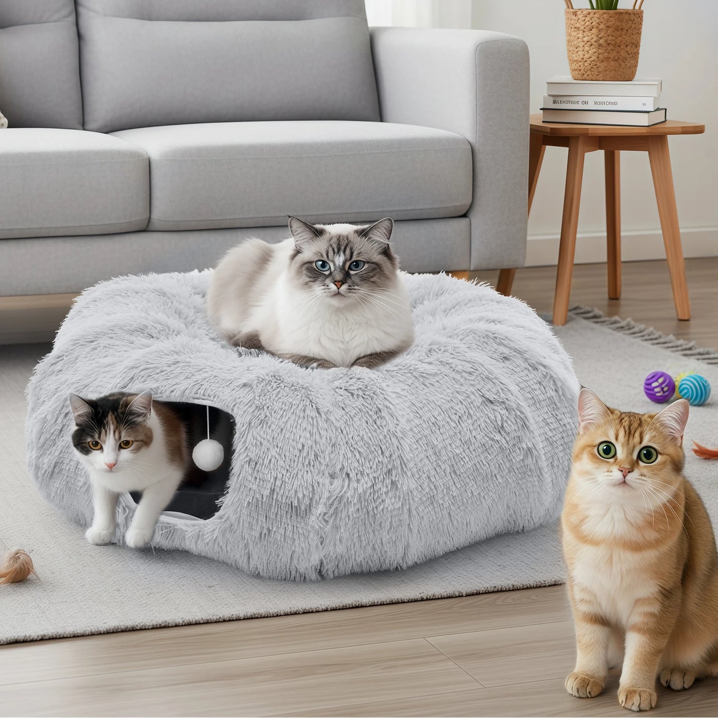 Cat Tunnel Bed with Soft Plush Washable Multifunctional Playground
