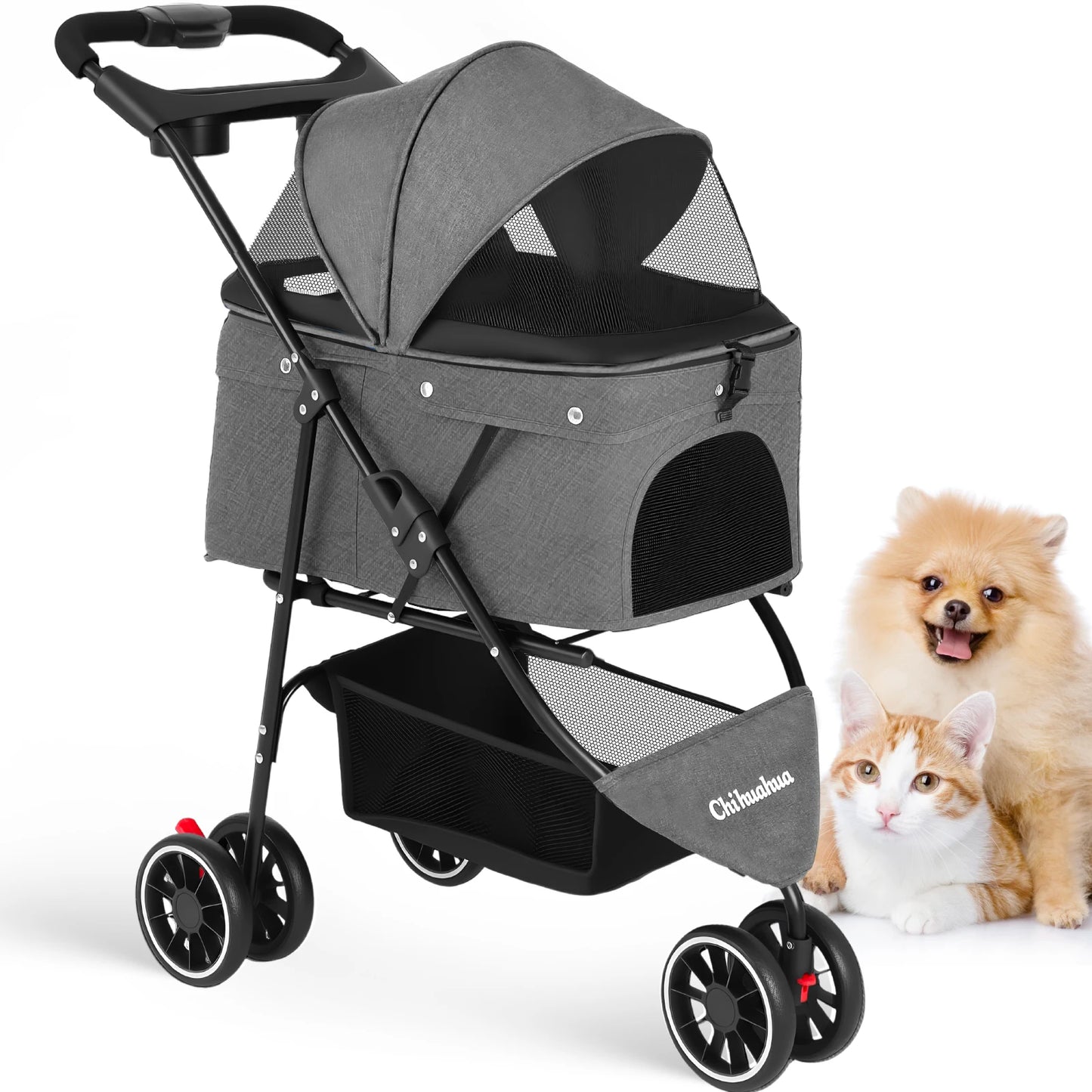 Portable Foldable Pet Stroller for Small Dogs & Cats, Travel Carrier with Canopy, Storage Basket