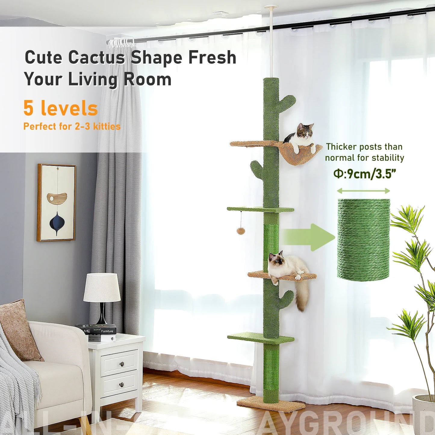 Cactus 5-Tier Floor to Ceiling Cat Tower with Scratching Post, Hammock, Dangling Ball for Indoor Cats