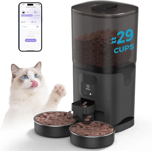 7L WiFi Automatic Cat Feeder for 2 Cats with App Control, Timed Feeding, Detachable Bowls - Black