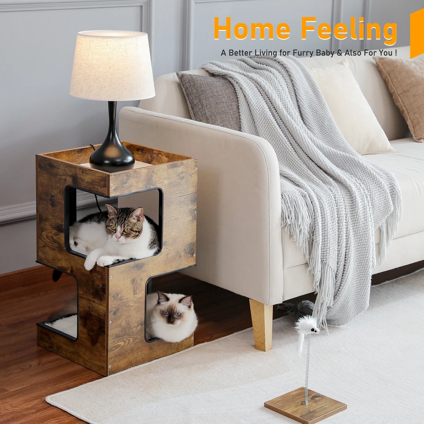 Wood Cat Condo House Bed with Removable Soft Mats & Scratching