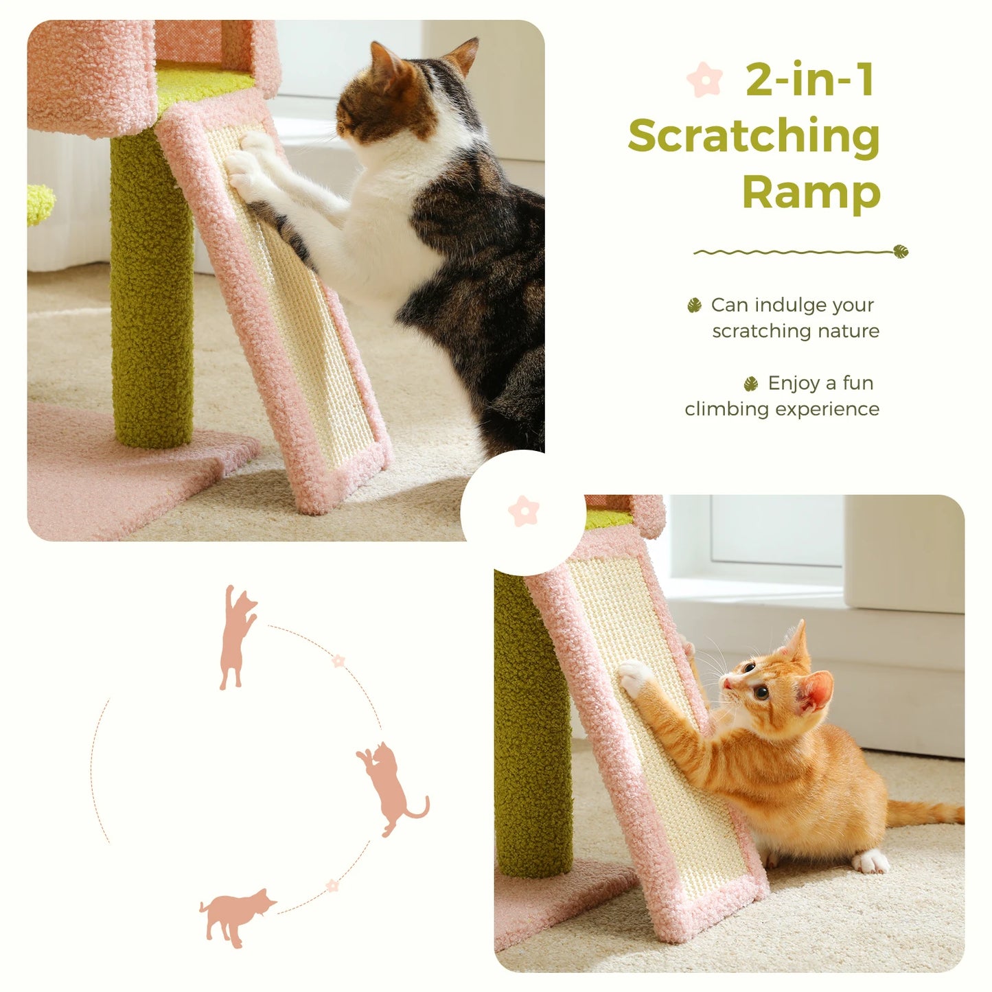 Flower Cat Tree, Multi-Level Cat Tower with Sisal Scratching Posts, Hammock, Ramp, Top Perch, Cat Condo for Indoor, Kitten Toys