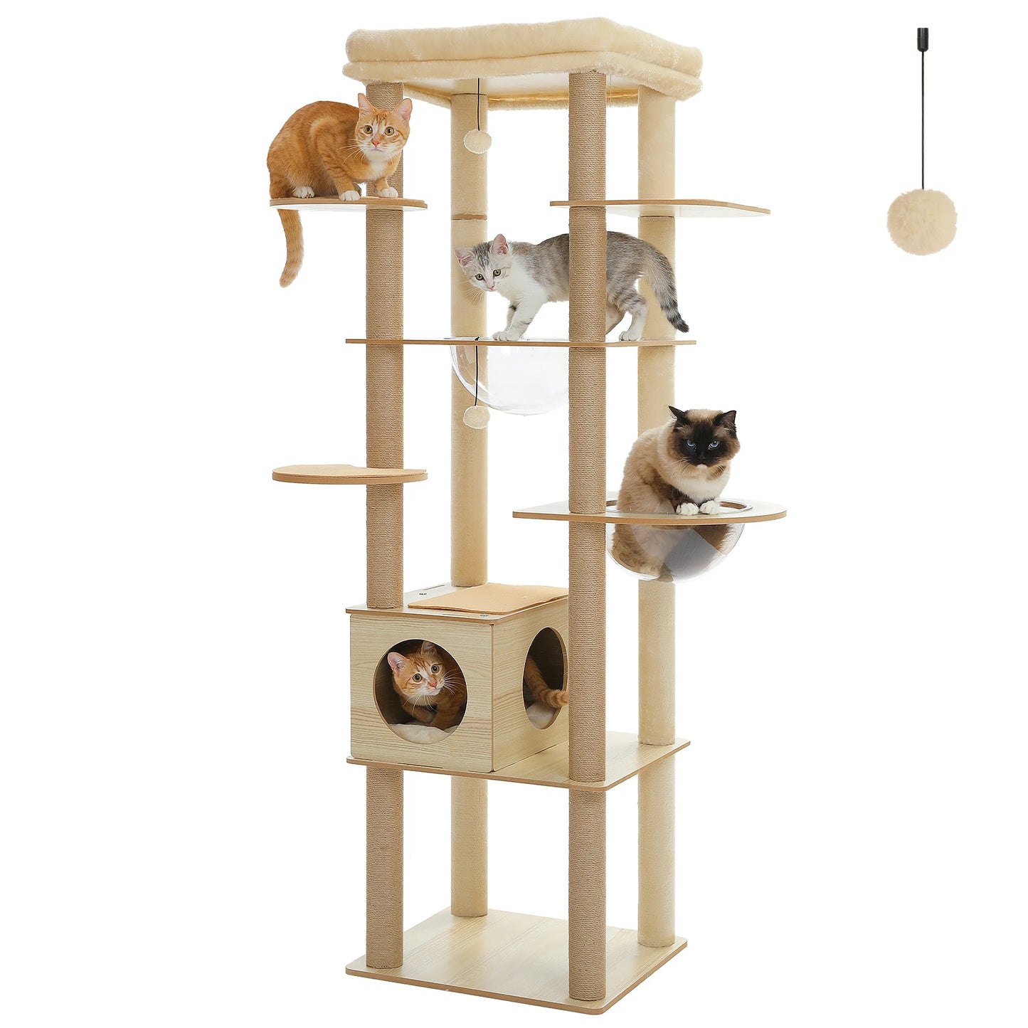 Multi-Level Wood Cat Tree with Scratching Posts, Spacious Condo, Hammock, Top Perch, Cat Scratcher