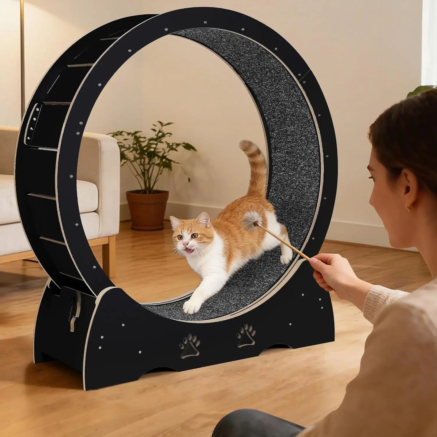 Large Wooden Cat Running Treadmill with Low Noise Carpeted Runway, Removable Carpet