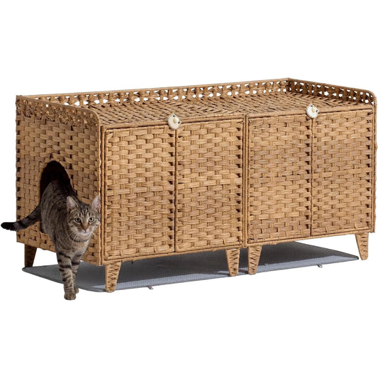 Cat Litter Box Enclosure, Handwoven Rattan Cat Bed Houses, Hidden Cat Washroom Furniture with Door/Mat