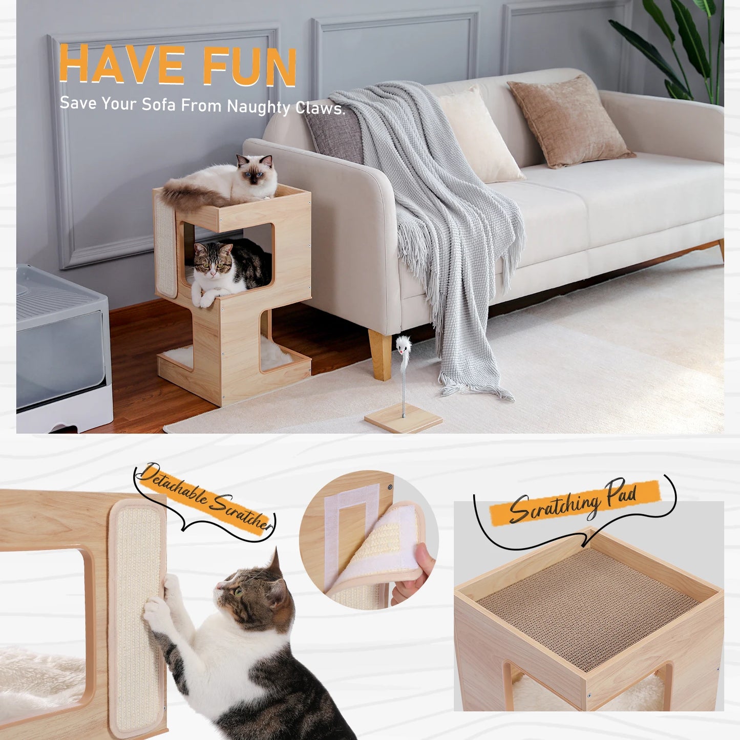 Wood Cat Condo House Bed with Removable Soft Mats & Scratching