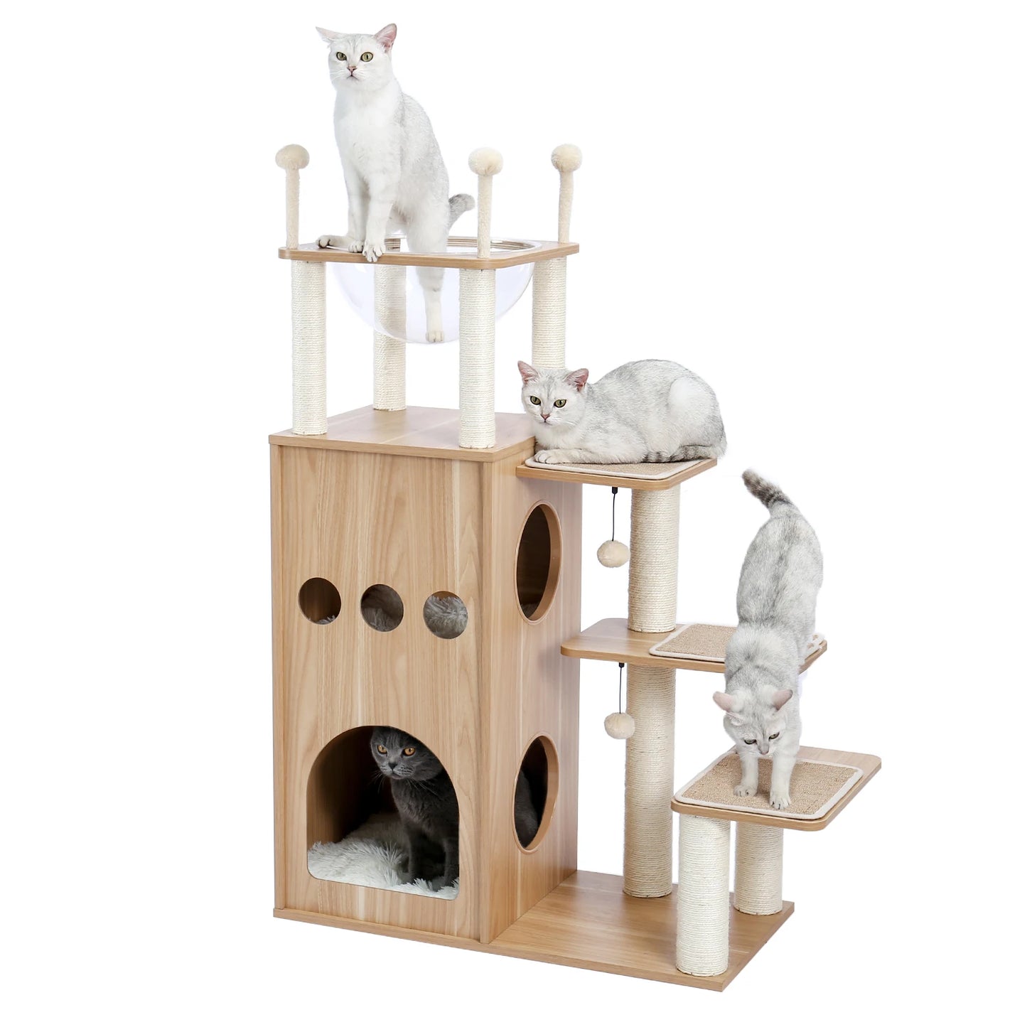 Multi-Level Wood Cat Tree with Scratching Posts, Spacious Condo, Hammock, Top Perch, Cat Scratcher
