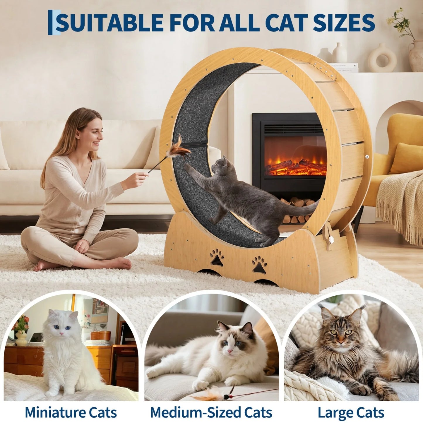 Large Wooden Cat Running Treadmill with Low Noise Carpeted Runway, Removable Carpet