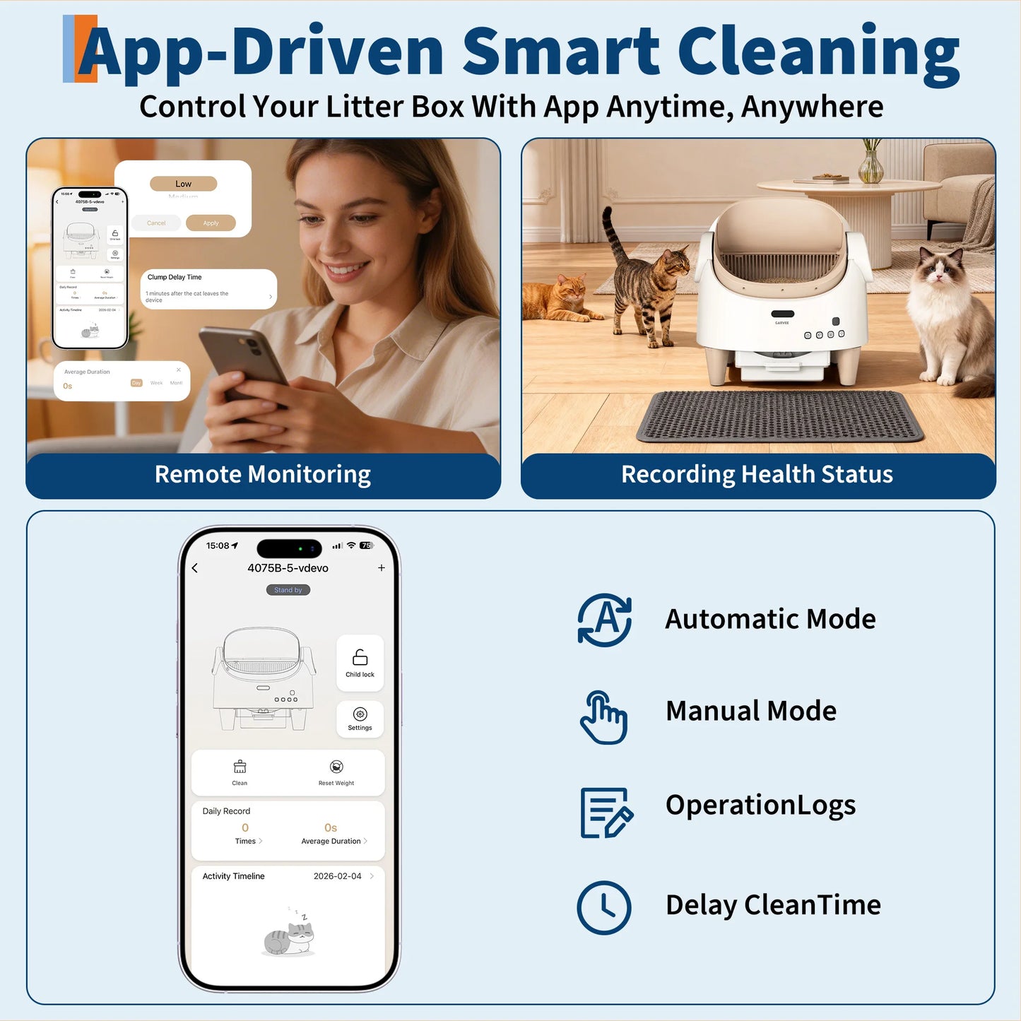 Self Cleaning Smart Litter Box APP Controlled Automatic Odor-Free Cat Toilet with Large Waste Bin for Single or Multi Cats