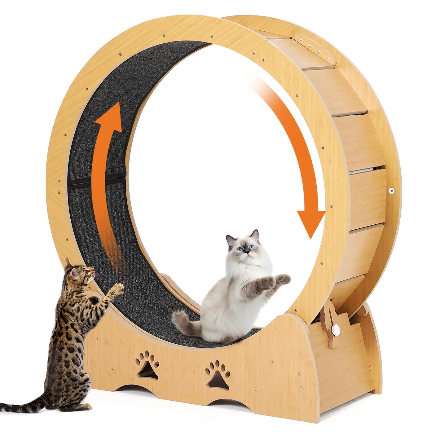 Large Wooden Cat Running Treadmill with Low Noise Carpeted Runway, Removable Carpet