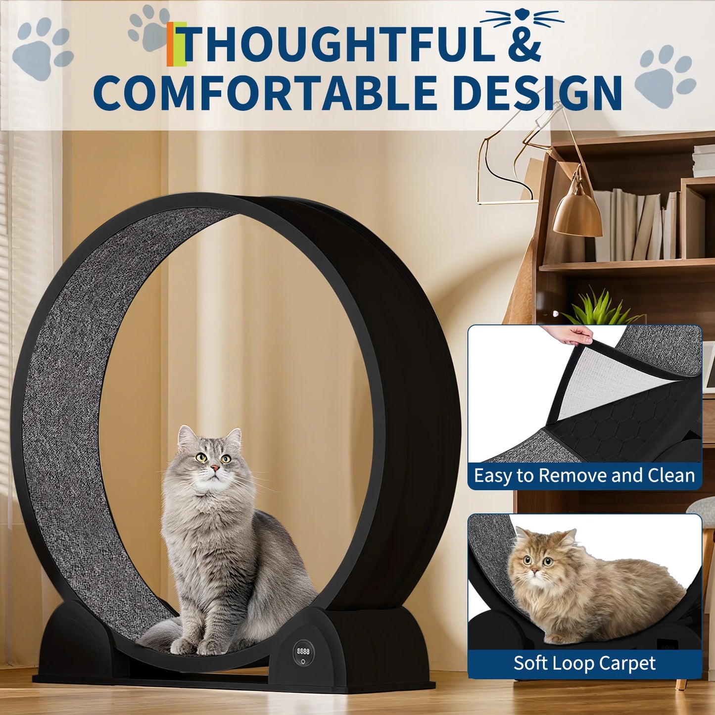 Quiet 45-inch Cat Exercise Wheel with Pedometer, Removable Mat, Pet Fitness Training Toy for Indoor, Promote Health/Weight Loss