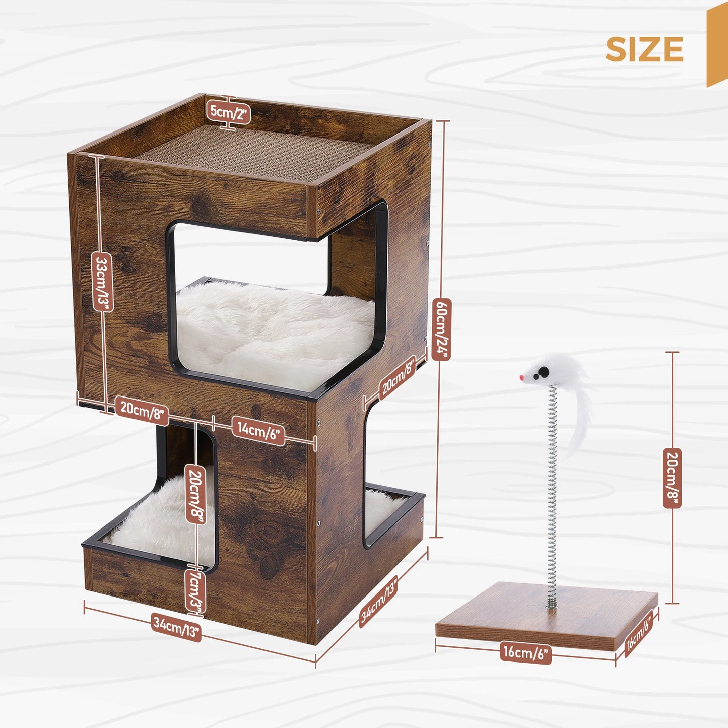 Wood Cat Condo House Bed with Removable Soft Mats & Scratching