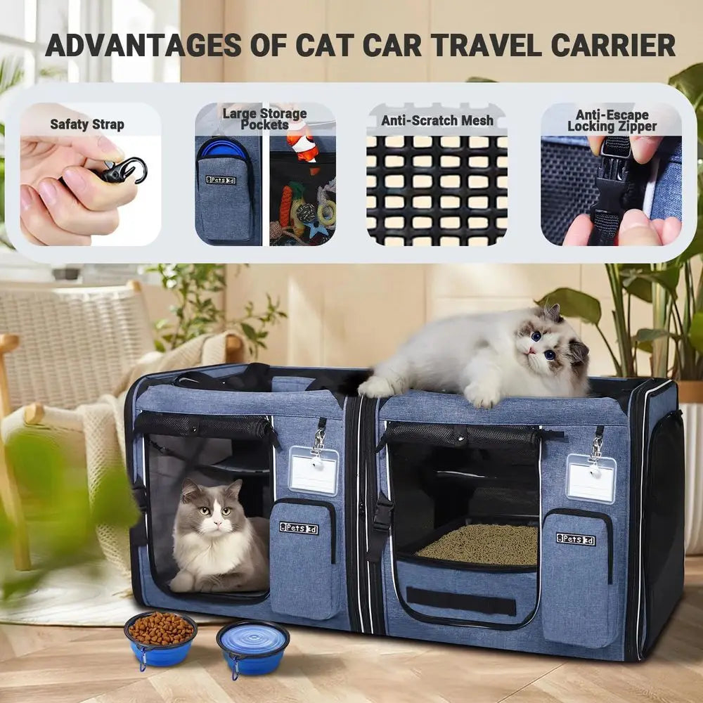 2 in 1 Double Cat Travel Carrier with Litter Box, 38"x17"x18"