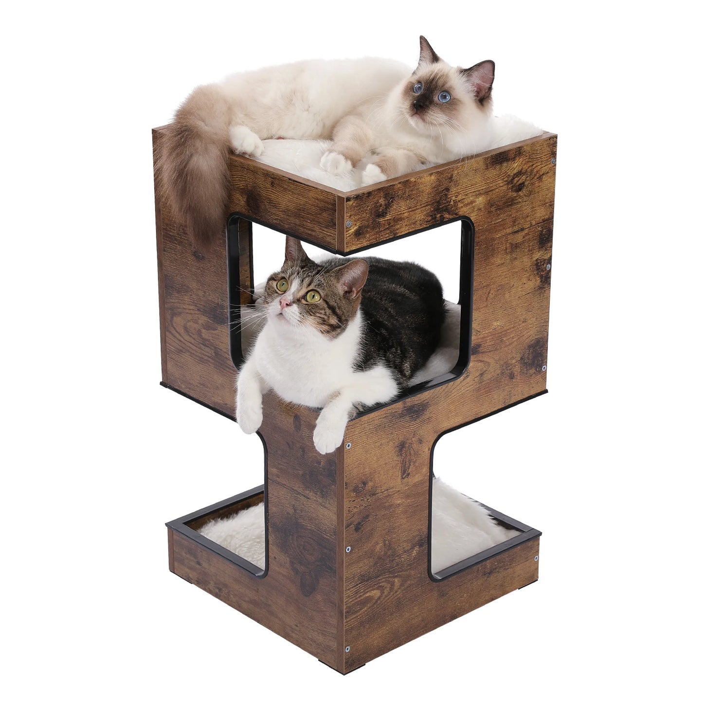 Wood Cat Condo House Bed with Removable Soft Mats & Scratching
