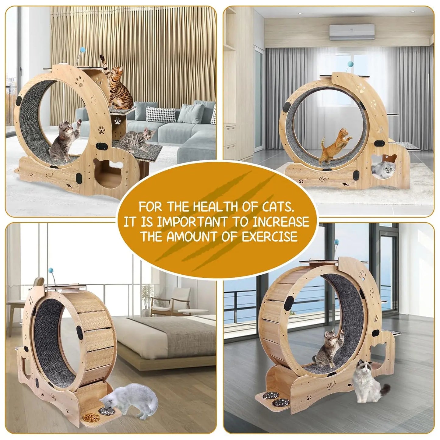 55" Cat Wheel with Cat Bed, Scratching Board, Detachable Mat, Climbing Frame, & Nest