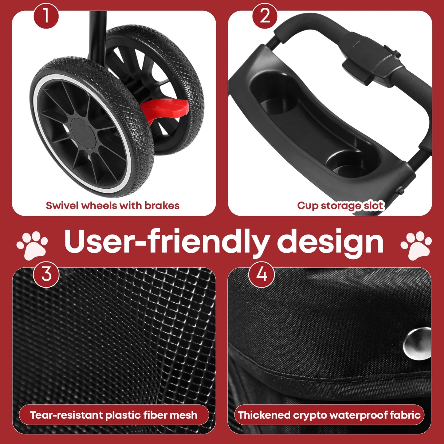 Portable Foldable Pet Stroller for Small Dogs & Cats, Travel Carrier with Canopy, Storage Basket