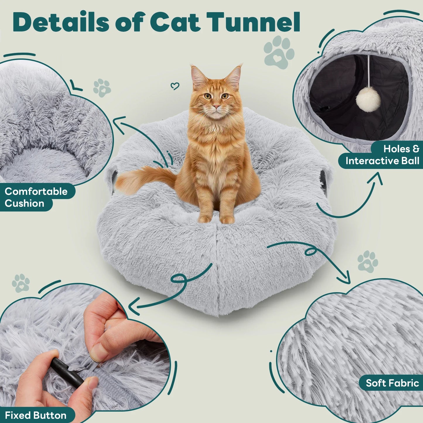 Cat Tunnel Bed with Soft Plush Washable Multifunctional Playground