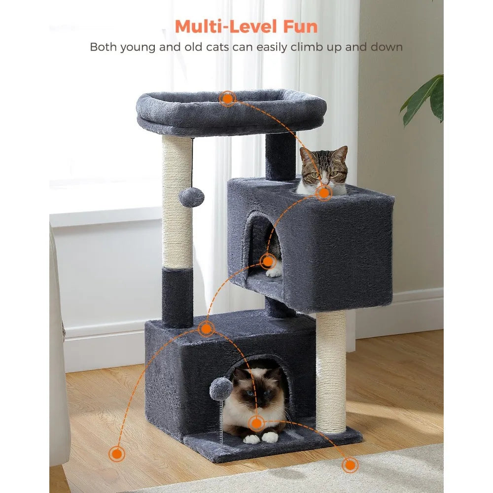 32 Inch Multi Level Cat Condo with Sisal Scratching Posts Plush Perch and Hanging Toys for Indoor Cats