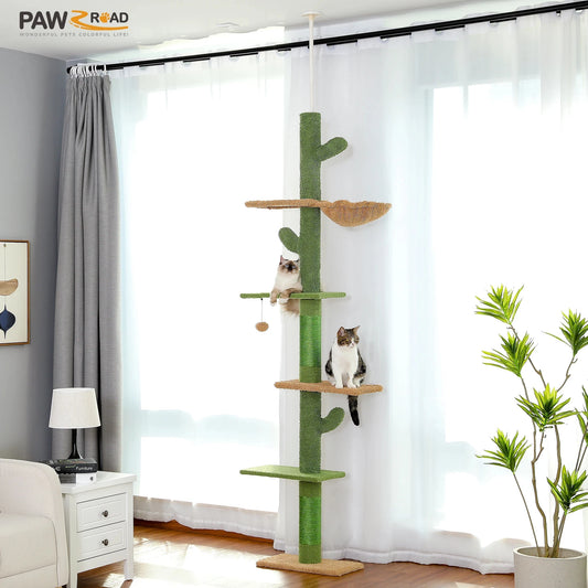 Cactus Cat Tree 5-Tier Floor to Ceiling Cat Tower with Scratching Post, Hammock, Dangling Ball for Indoor Cats