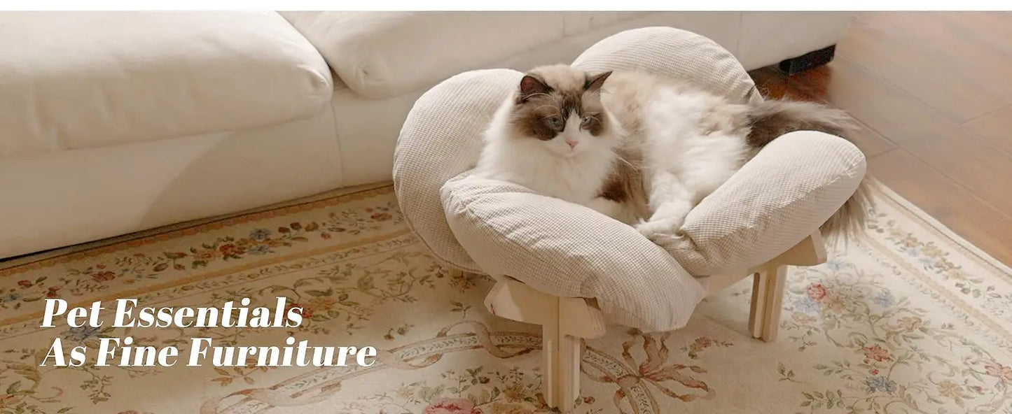 Elevated Cat Bed Wooden With Cushion Fluffy Pet Couch Sofa For Indoor Cats Raised Kitty Lounge Chair Suitable
