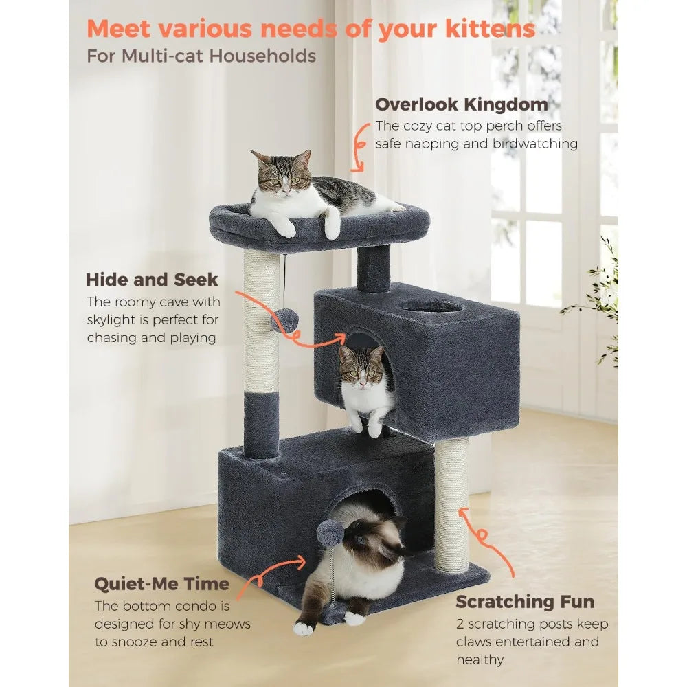 32 Inch Multi Level Cat Condo with Sisal Scratching Posts Plush Perch and Hanging Toys for Indoor Cats