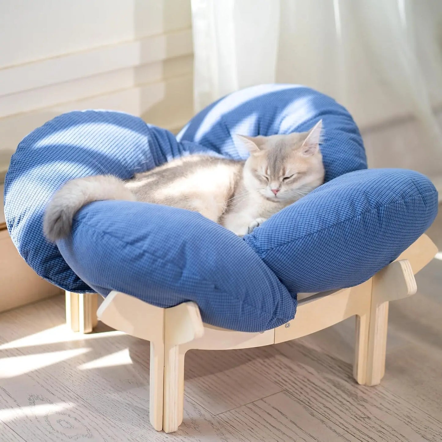 Elevated Cat Bed Wooden With Cushion Fluffy Pet Couch Sofa For Indoor Cats Raised Kitty Lounge Chair Suitable