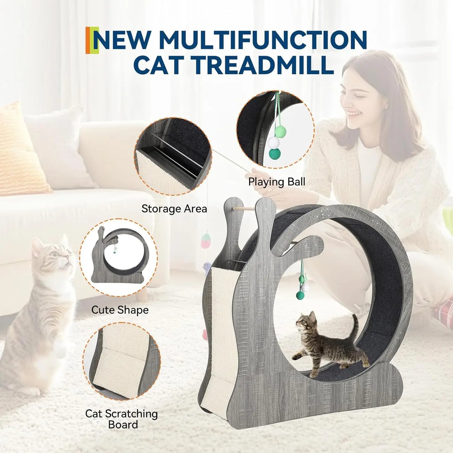 Cat Exercise Wheel, Large Cat Treadmill Wheel for Indoor Cats, 3-in-1 Cat Treadmill with Scratching Board and Play