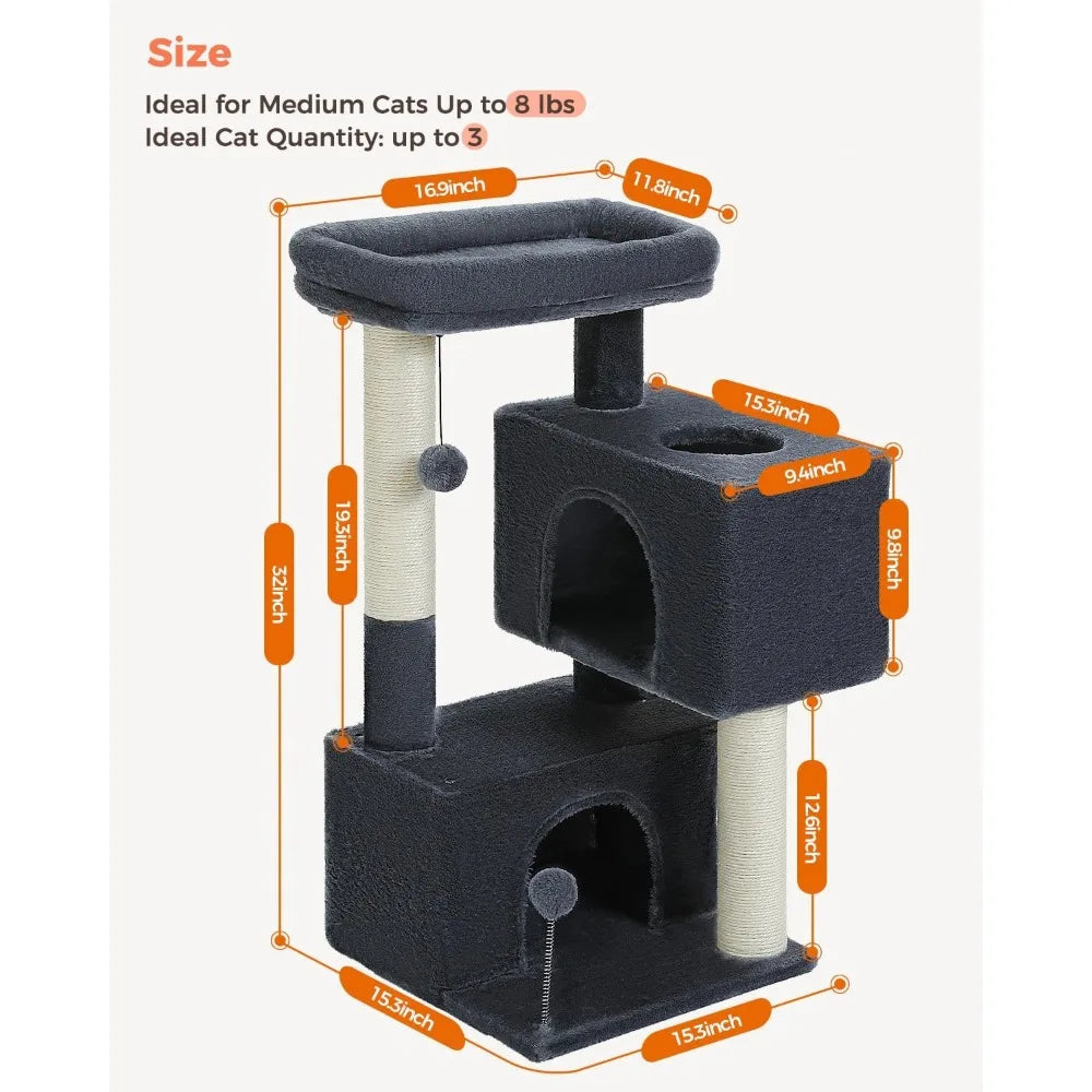 32 Inch Multi Level Cat Condo with Sisal Scratching Posts Plush Perch and Hanging Toys for Indoor Cats