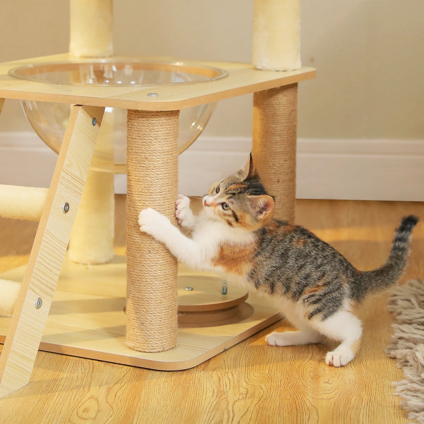 Multi-Level Wood Cat Tree with Scratching Posts, Spacious Condo, Hammock, Top Perch, Cat Scratcher