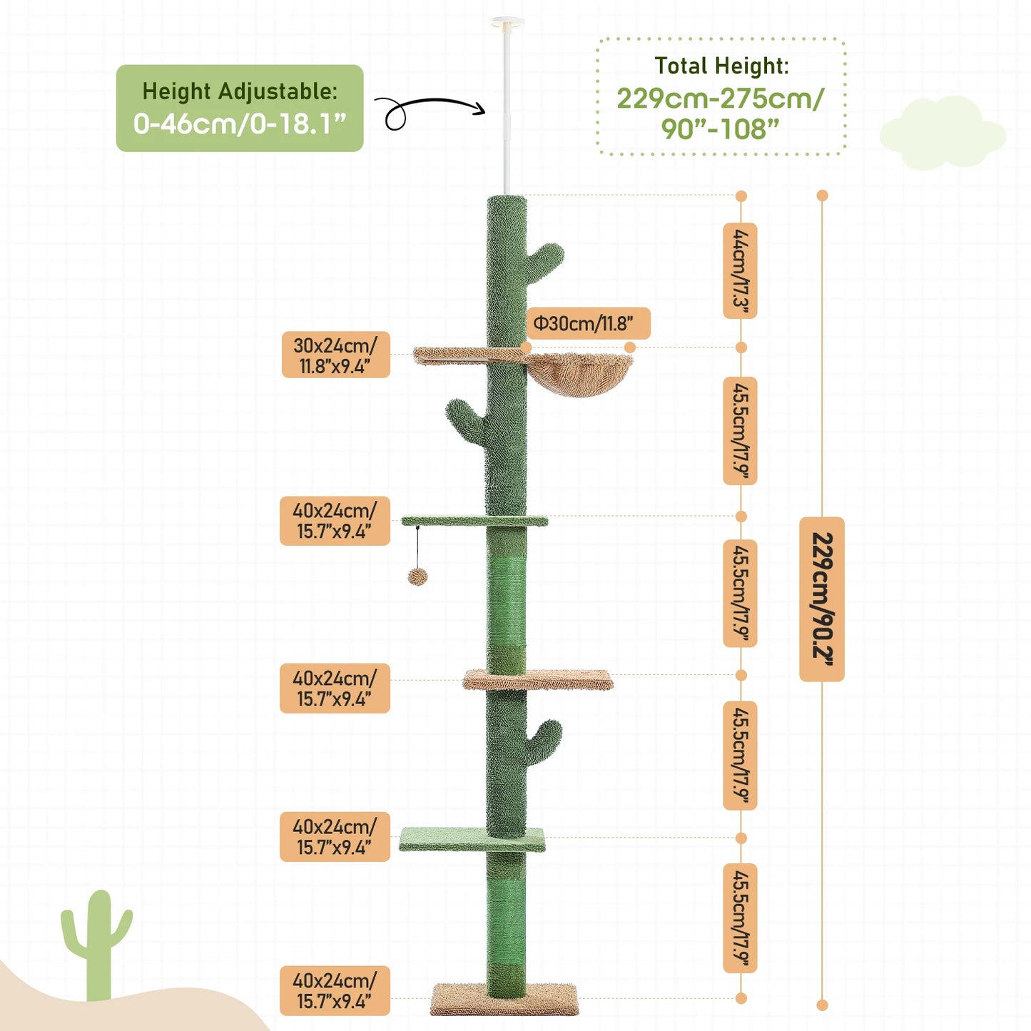 Cactus 5-Tier Floor to Ceiling Cat Tower with Scratching Post, Hammock, Dangling Ball for Indoor Cats