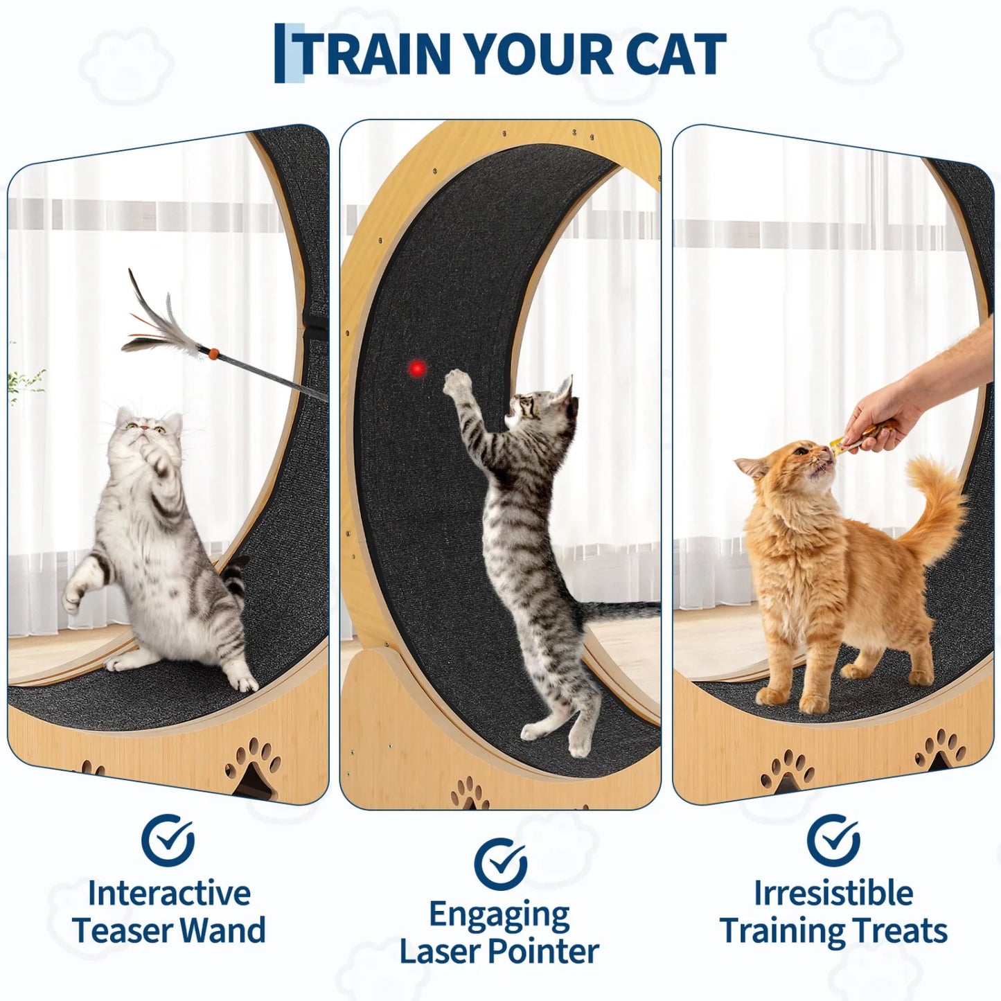 Large Wooden Cat Running Treadmill with Low Noise Carpeted Runway, Removable Carpet