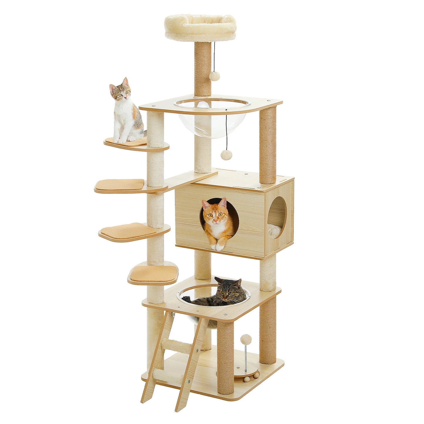 Multi-Level Wood Cat Tree with Scratching Posts, Spacious Condo, Hammock, Top Perch, Cat Scratcher