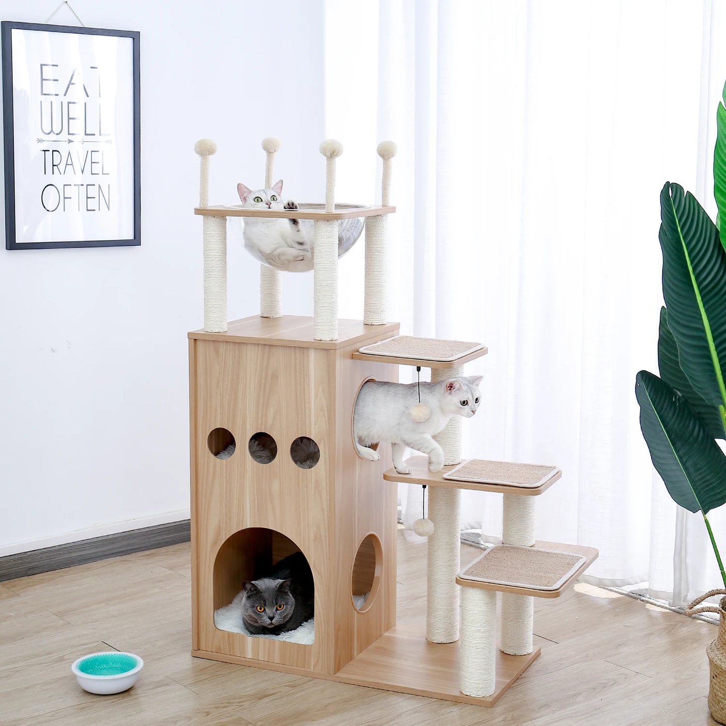 Multi-Level Wood Cat Tree with Scratching Posts, Spacious Condo, Hammock, Top Perch, Cat Scratcher
