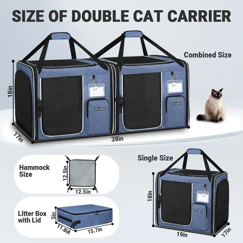 2 in 1 Double Cat Travel Carrier with Litter Box, 38"x17"x18"