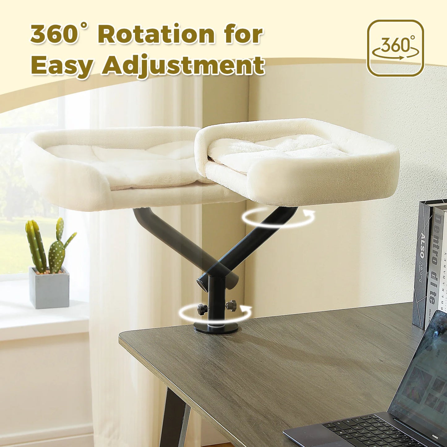 Cat Desk Bed, 360° Rotatable Cat Bed Stand for Indoor Cats, Adjustable Cat Basket